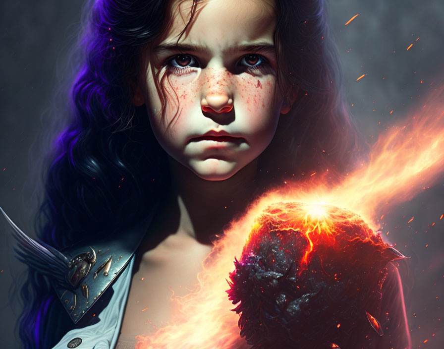 Digital artwork: Young girl with intense eyes holding fiery planet