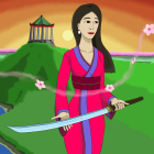 Traditional Japanese female character with sword, cherry blossoms, and pagoda.