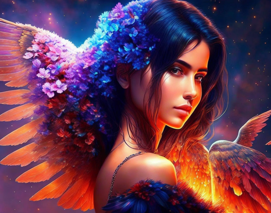 Woman with Vibrant Flower-Adorned Wings in Cosmic Setting