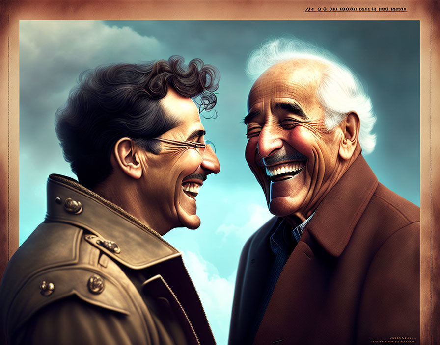 Stylized image of cheerful elderly men smiling in trench coat and suit under clear sky