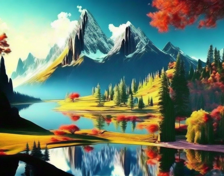 Scenic Landscape with Autumn Trees, Lake Reflections, and Snowy Peaks