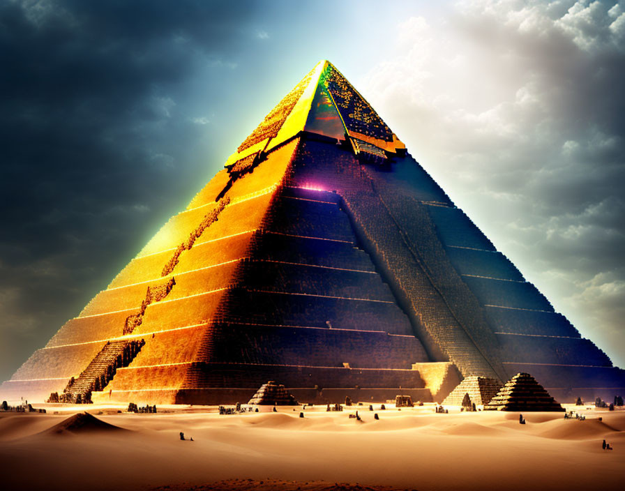 Digitally enhanced image: Great Pyramid of Giza with glowing capstone