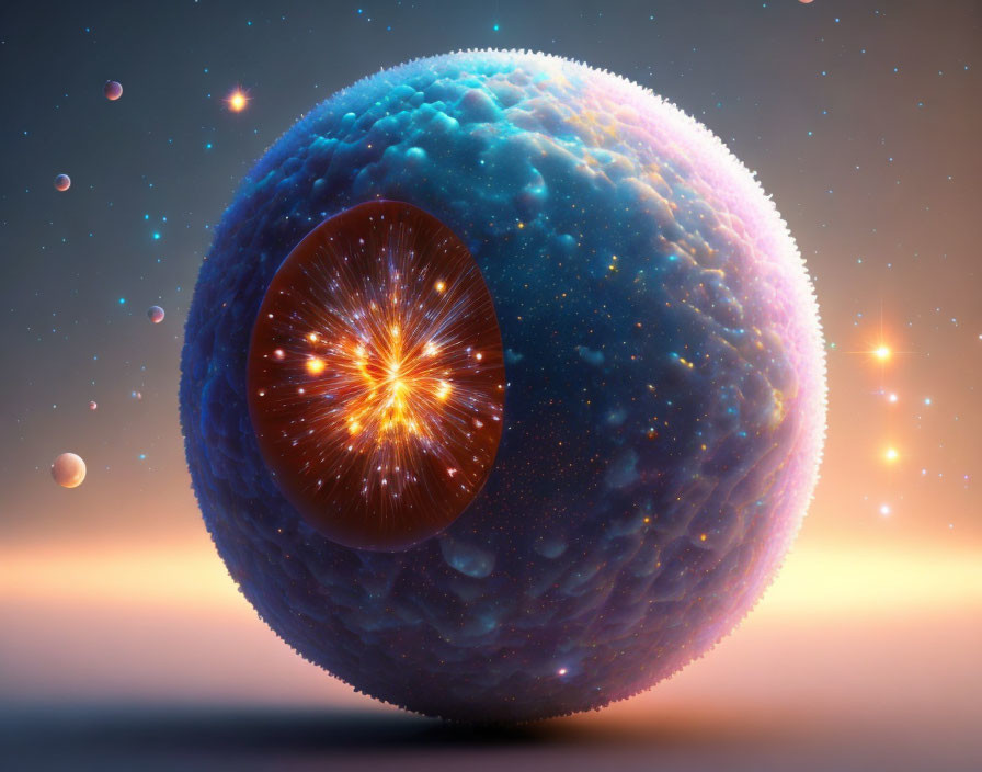 Digital image: Glowing planet with textured blue and purple surface