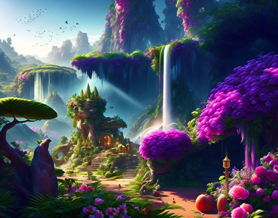 Fantasy landscape with purple trees, waterfalls, flowers, house, and birds