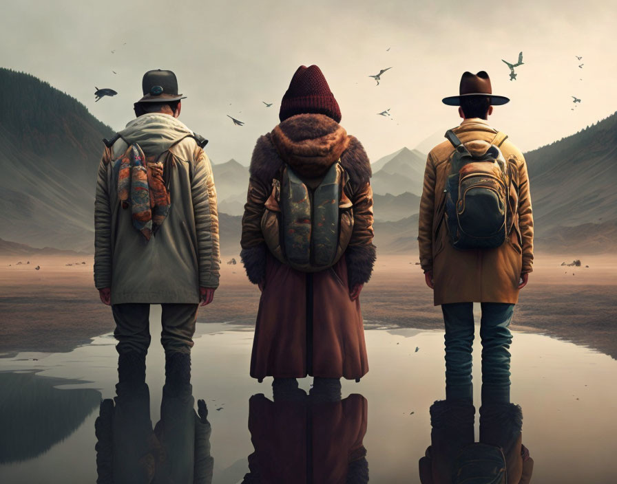 Three People with Backpacks by Serene Lake and Misty Mountains