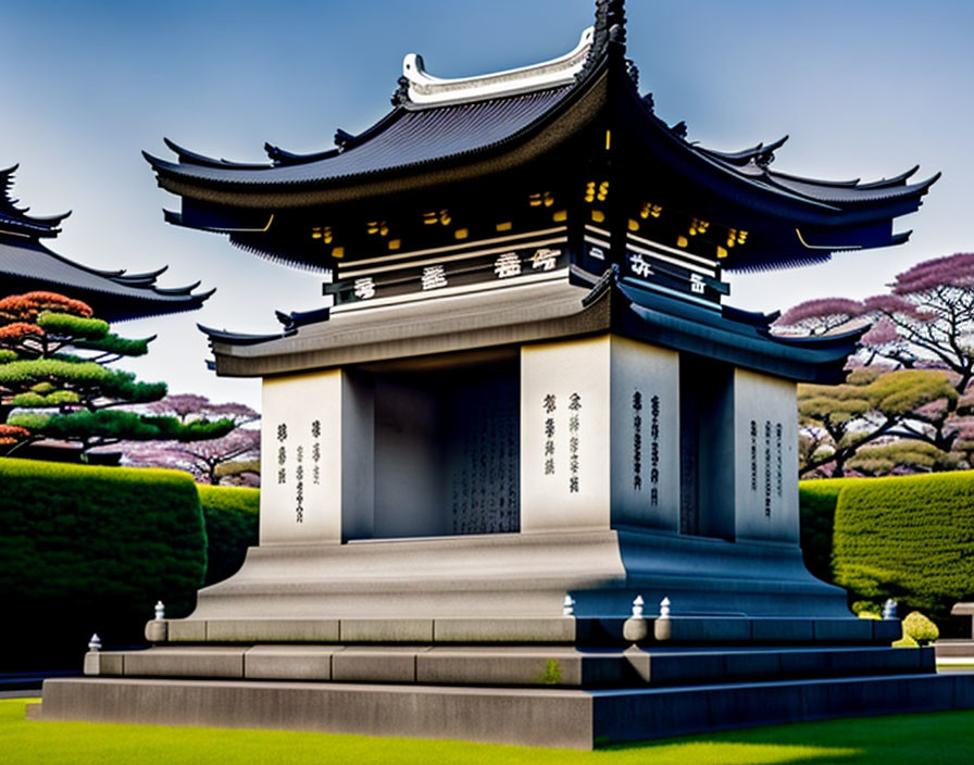 Traditional Japanese Temple with Curved Roof and Cherry Trees at Dusk