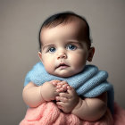 Cute Baby with Dark Hair in Blue Outfit Sitting Thoughtfully