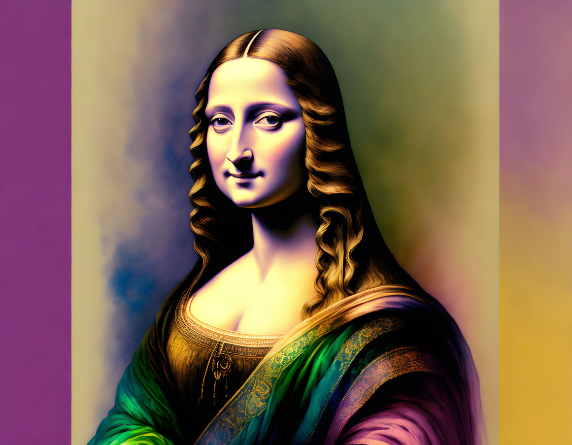 Colorful Mona Lisa Painting with Purple to Yellow Gradient Background