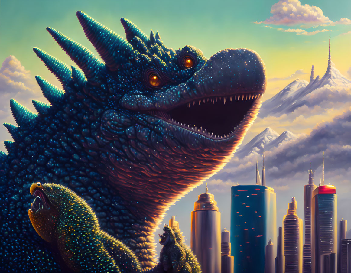 Giant colorful dragon in futuristic cityscape