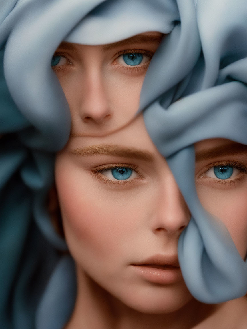 Intense Blue Eyes Peering Through Blue-Gray Fabric