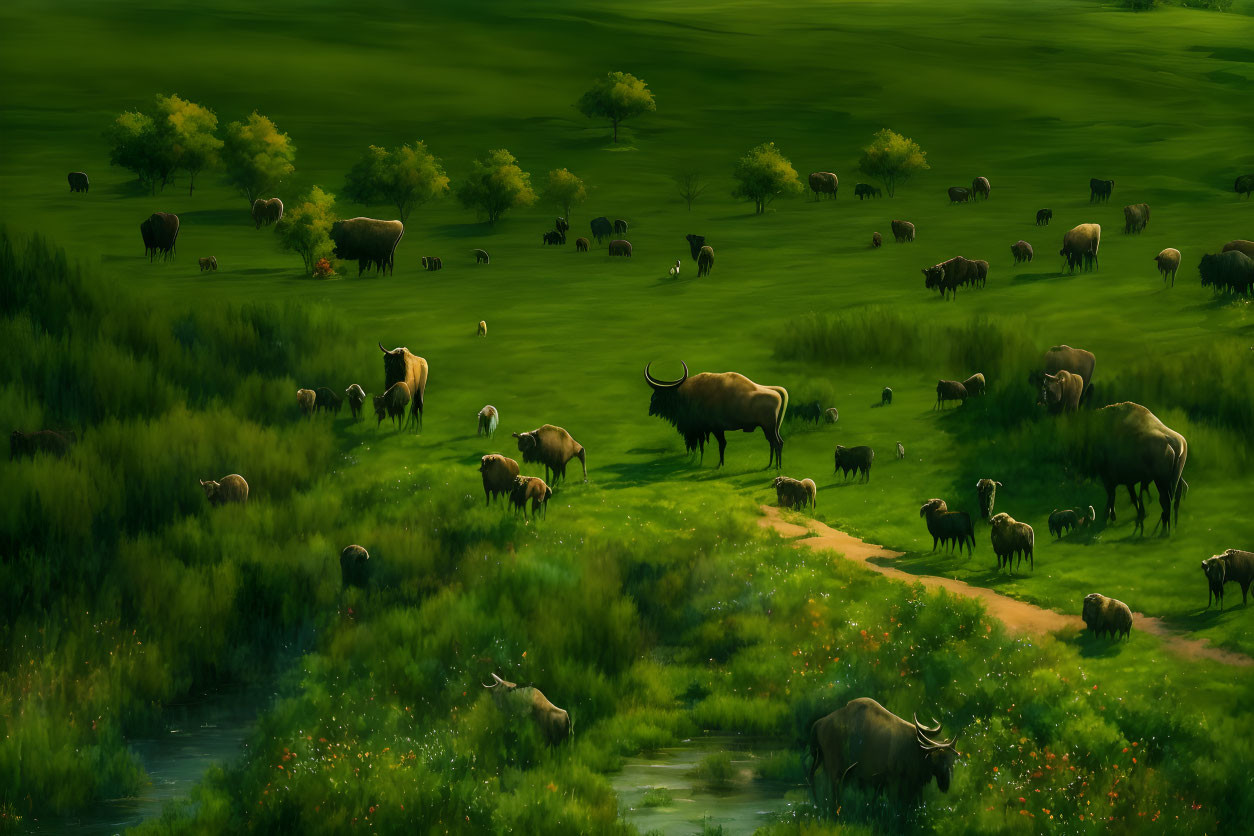 Tranquil landscape with buffalo and sheep grazing in lush green fields