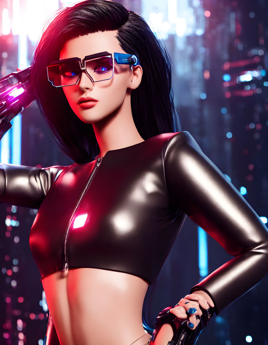 Stylized 3D illustration of woman in futuristic attire against neon cityscape