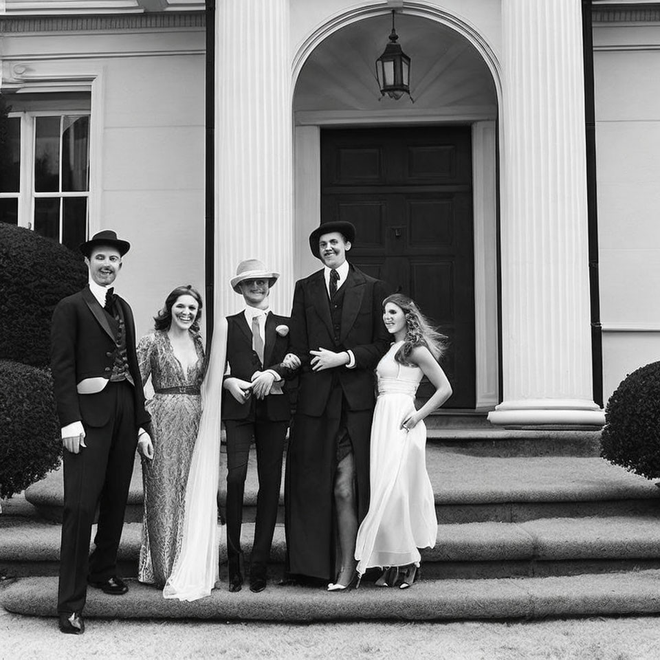 Vintage Clothing Group Poses on Steps of Elegant Building