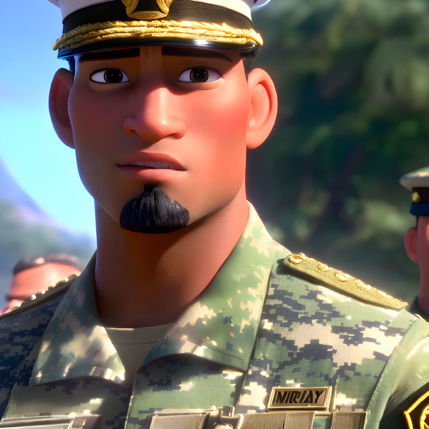 Animated character in military uniform with goatee and name tag "MIRAY