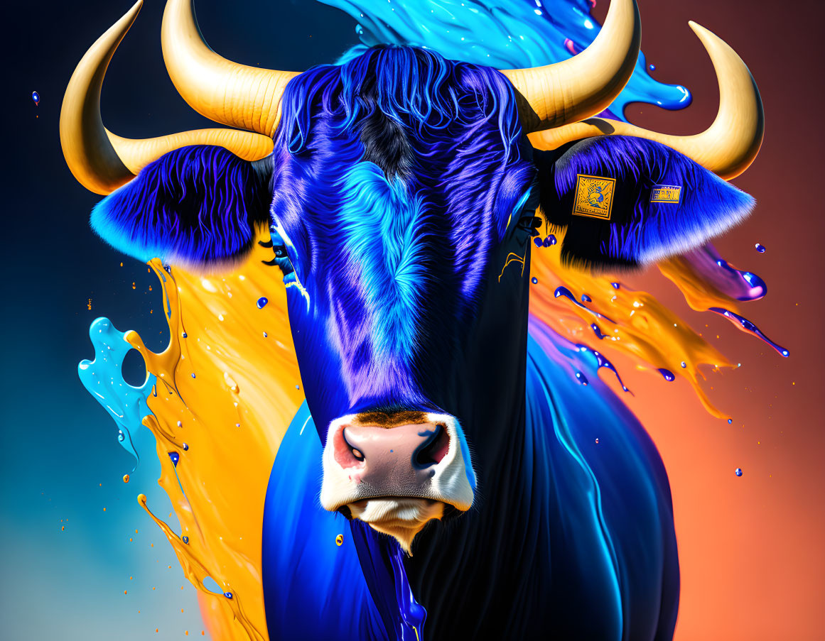 Colorful Bull with Prominent Horns in Dynamic Liquid Splash Scene