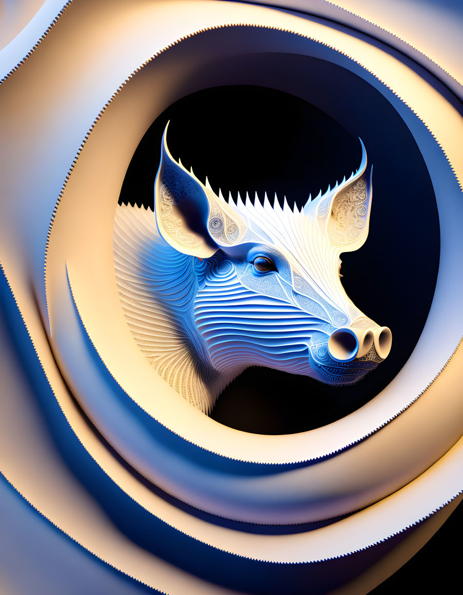 Abstract digital art: Blue and white boar's head with intricate patterns on swirling dark background