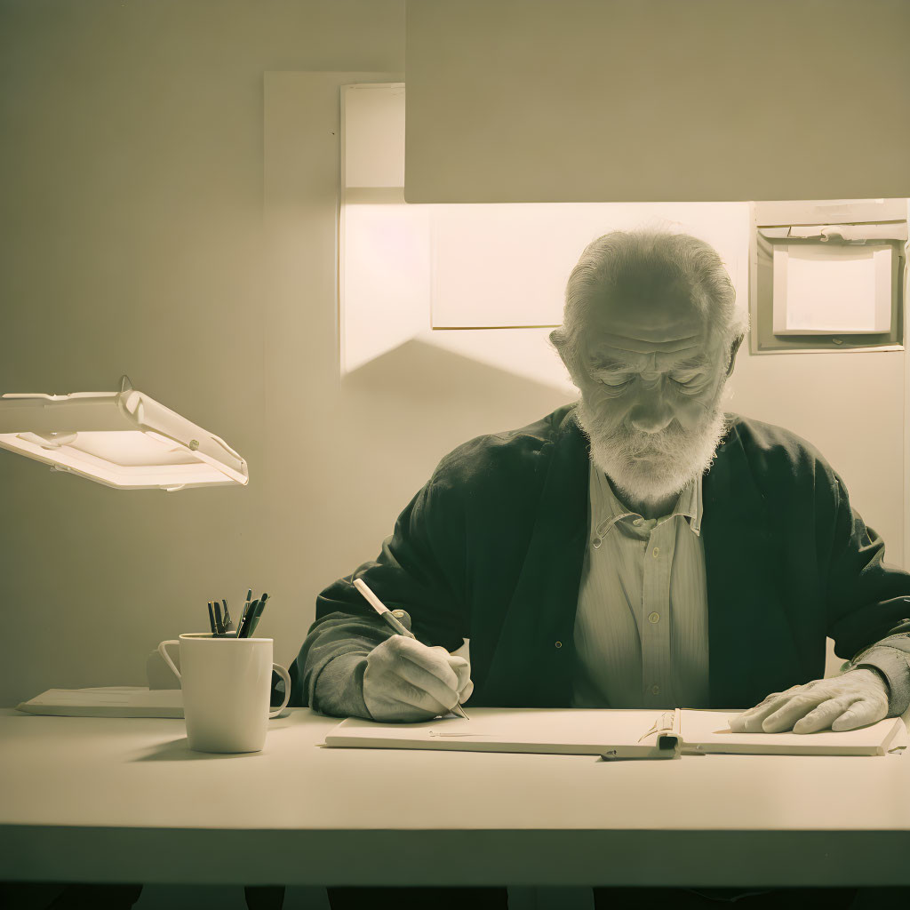 Elderly man sketching at large desk under lamp in sepia-toned photo