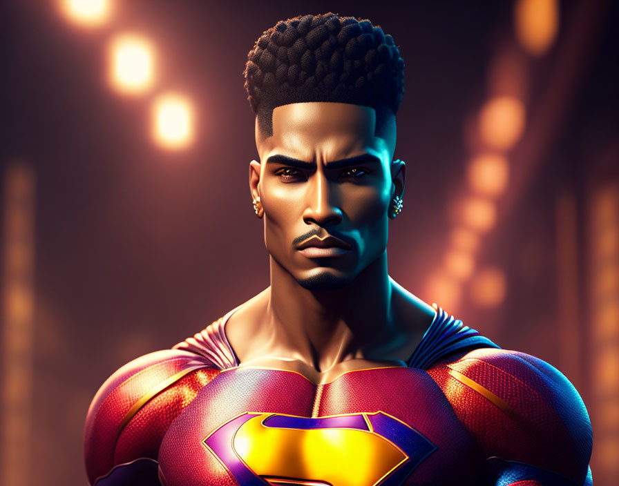 Digital portrait of Superman with modern haircut in red and blue costume.