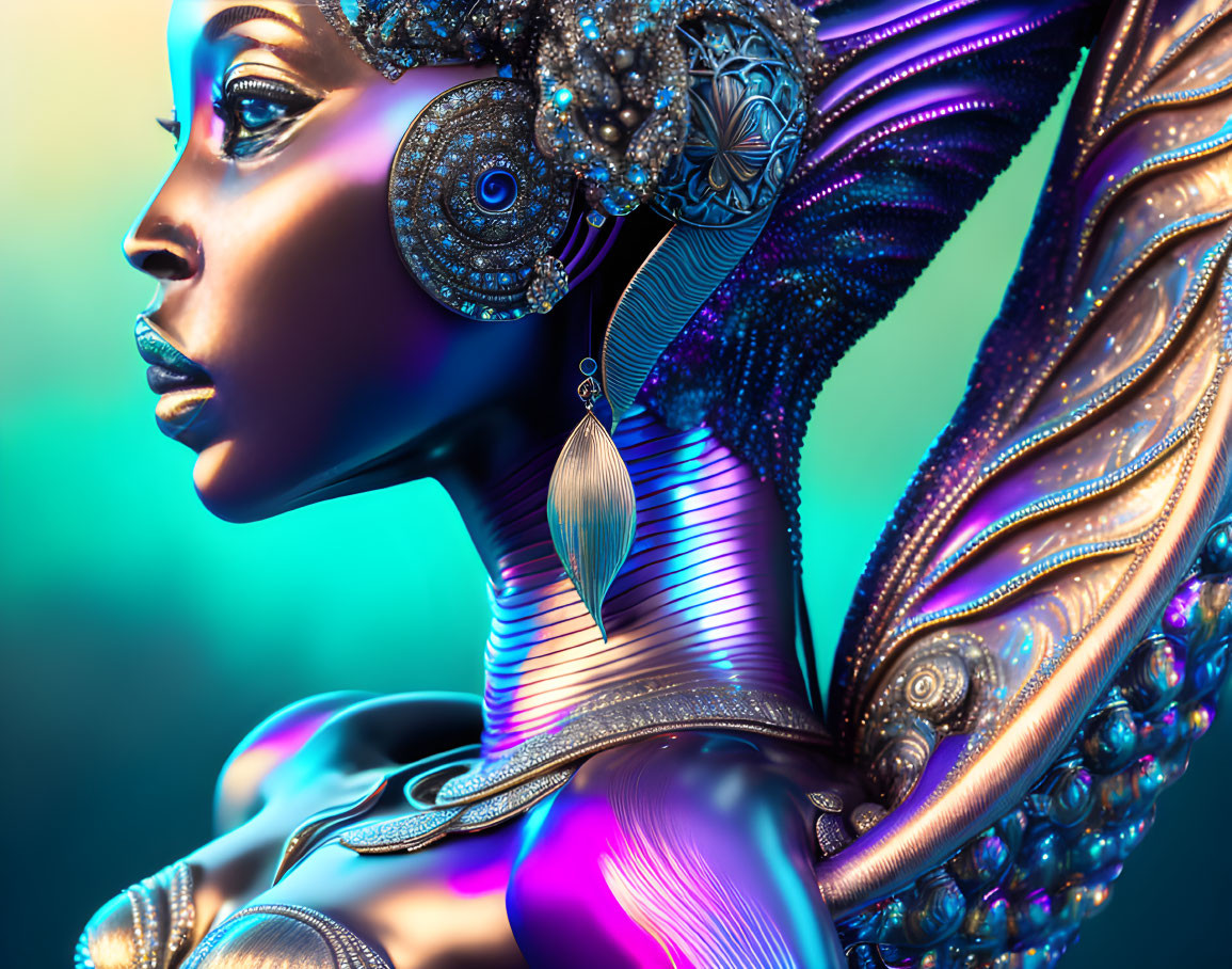 Digital artwork featuring woman with metallic skin and ornate jewelry on teal to purple background