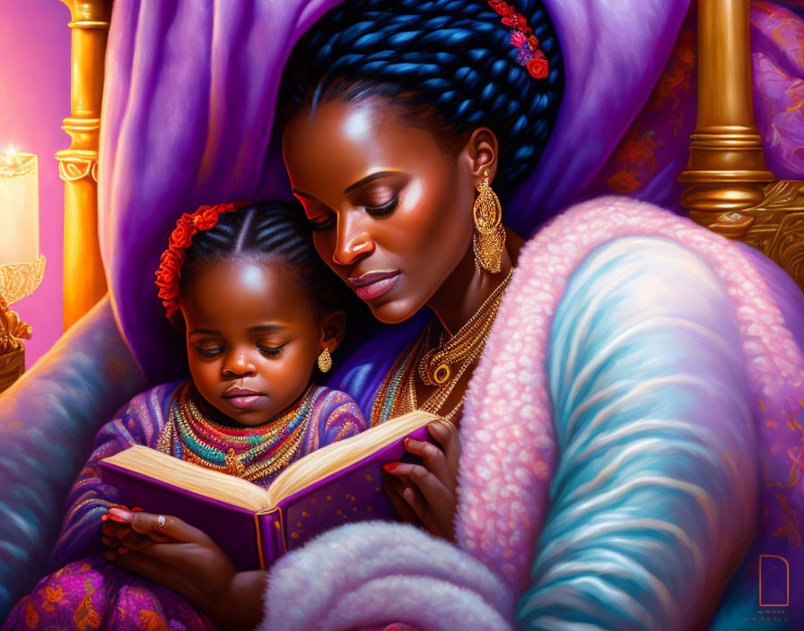 Mother and child reading book in warm, cozy setting