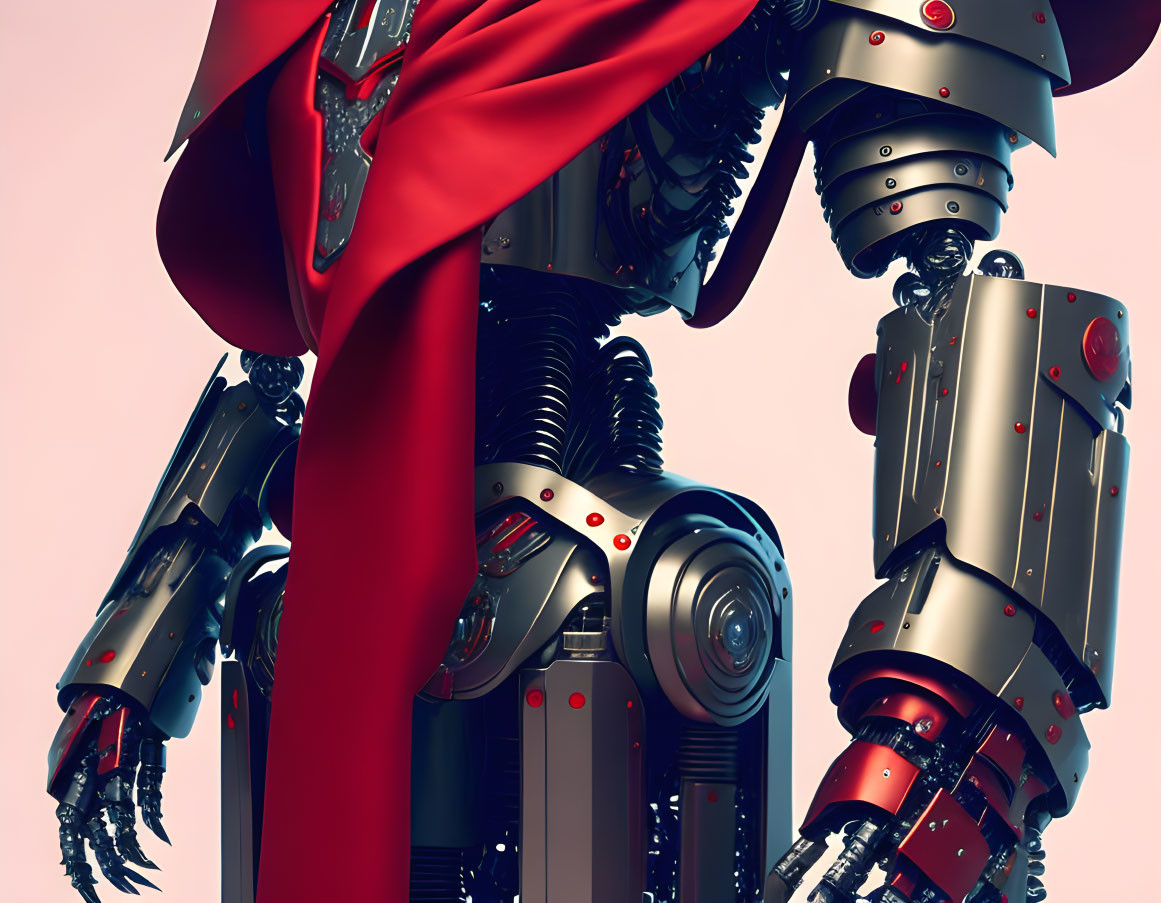 Detailed 3D futuristic robot in red and silver armor with cape on pink background