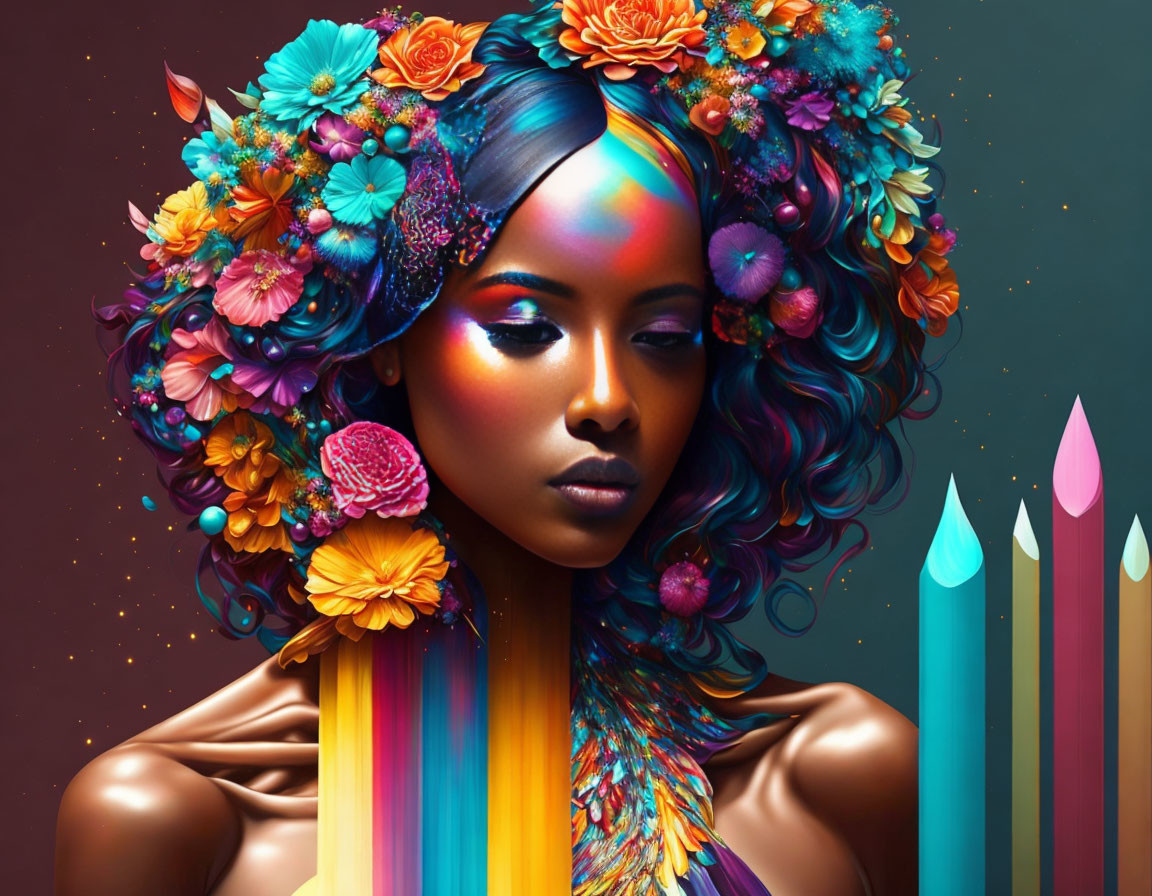 Colorful digital artwork: Woman with floral hair and rainbow stream, framed by art pencils