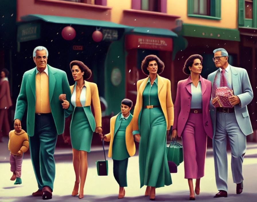 Digitally illustrated retro family in pastel street scene