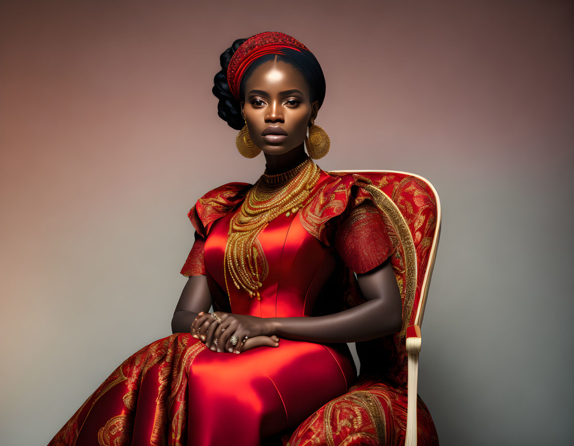 Regal African woman in red dress and gold jewelry sitting in chair