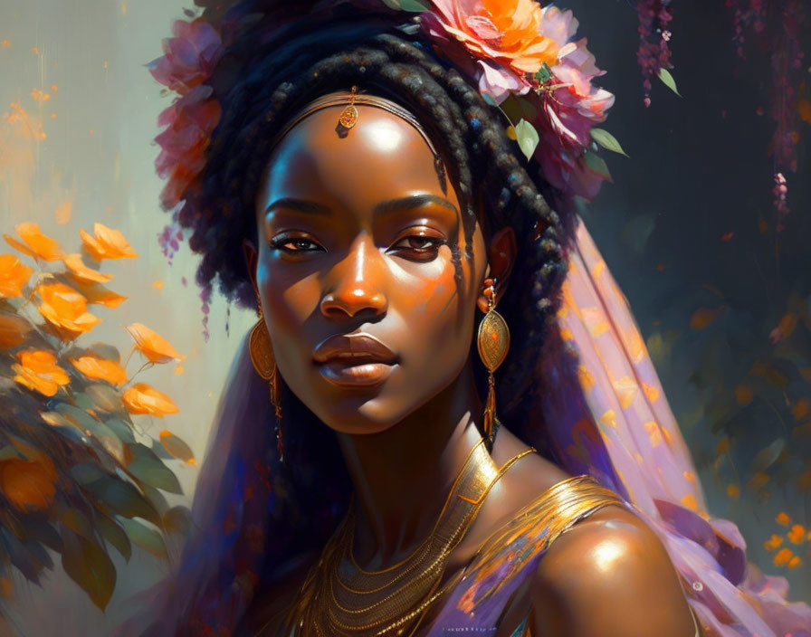 Digital painting of woman with flower-adorned hair and gold jewelry in serene setting.