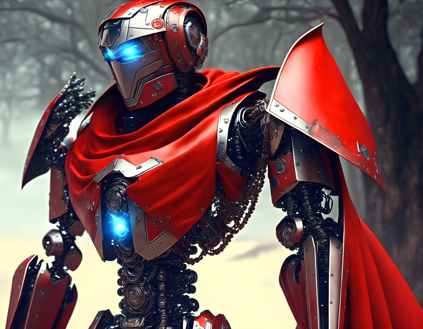 Detailed futuristic knight robot with red cloak and glowing blue lights