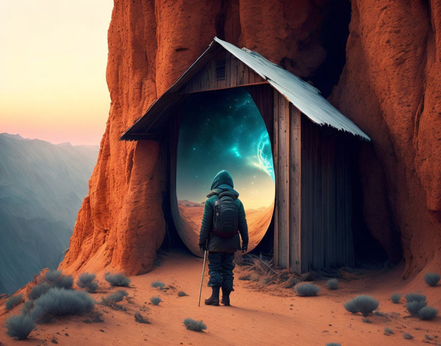 Astronaut before rustic shack with galaxy portal on Martian landscape