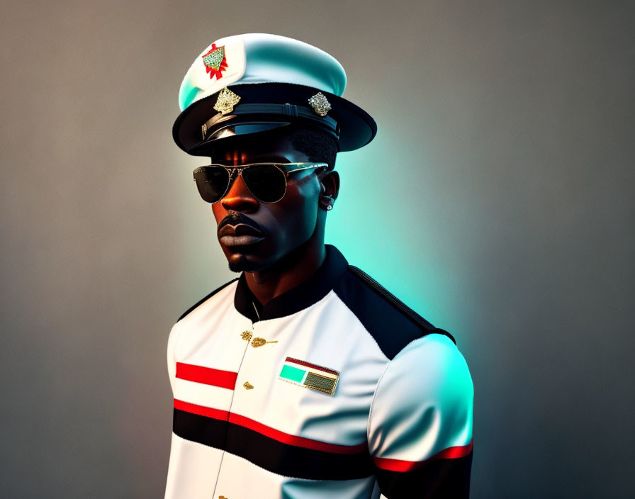 Stylish Man in Uniform with Cap and Sunglasses on Gray Background