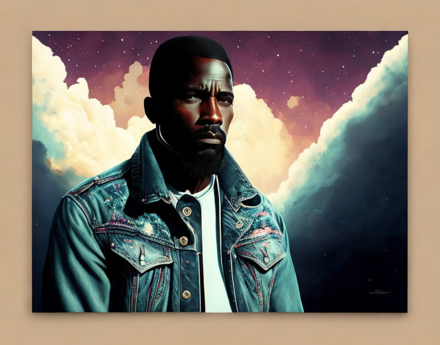 Bearded man in denim jacket against cosmic backdrop