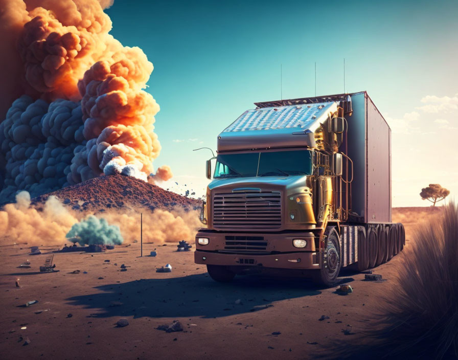 Semi-truck driving towards massive desert explosion