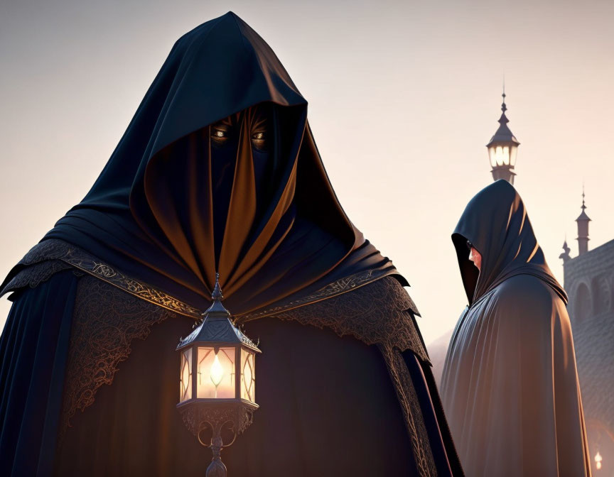 Cloaked Figures with Lantern at Twilight Background