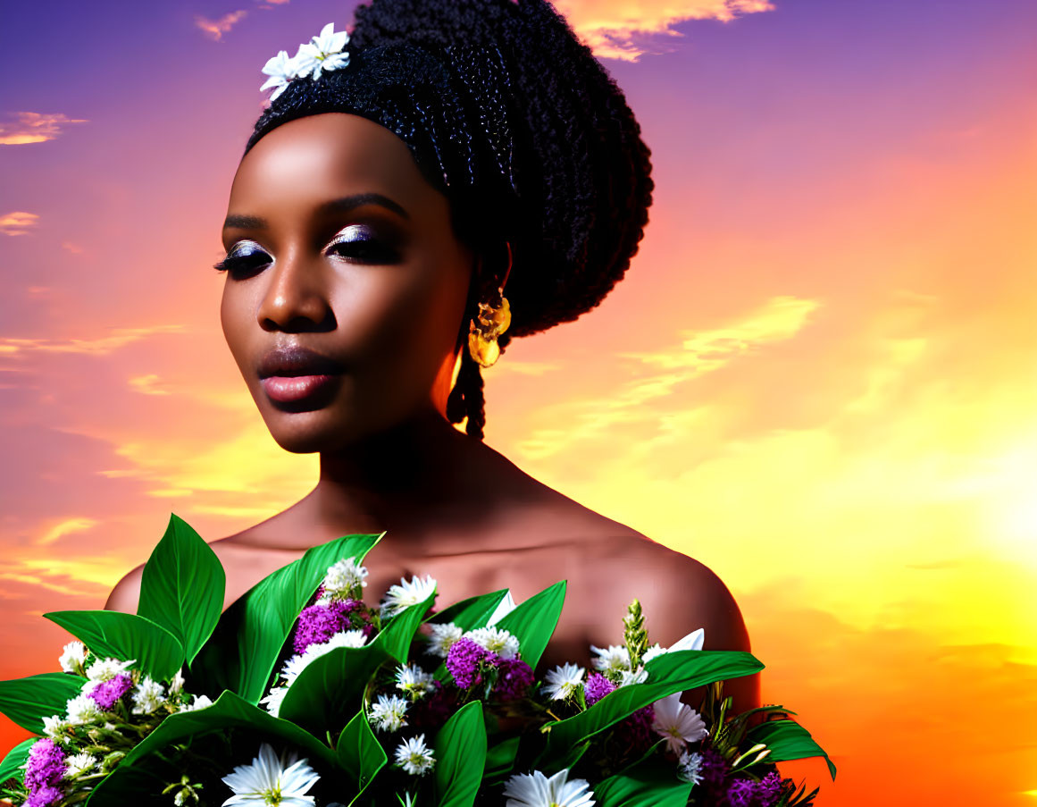 Woman with Flowers in Hair Posing Against Sunset Background