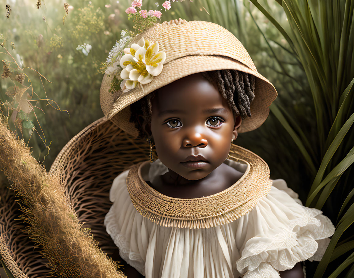 Young child with expressive eyes, braided hair, straw hat, white flower, cream dress, green