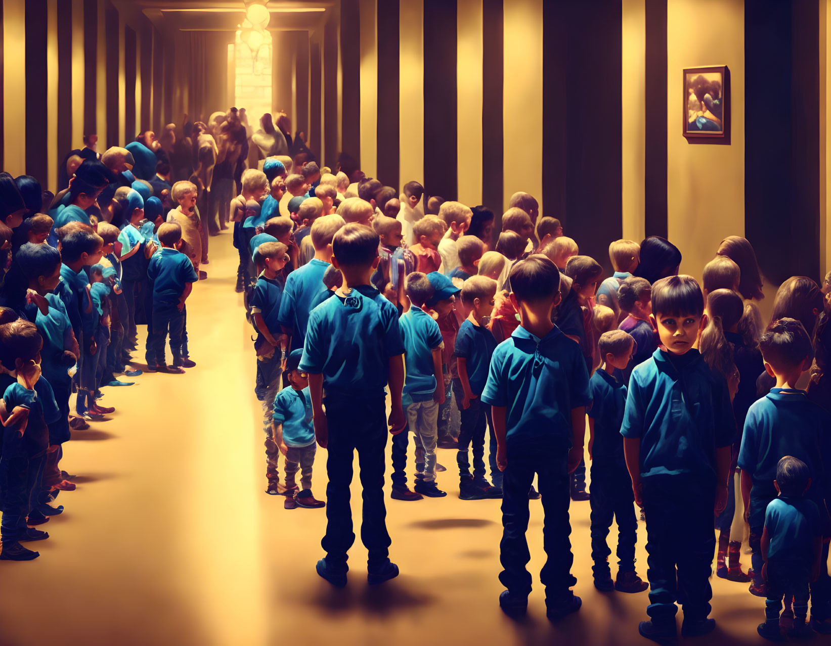 Surreal image: Identical boys in blue shirts in mirrored corridor