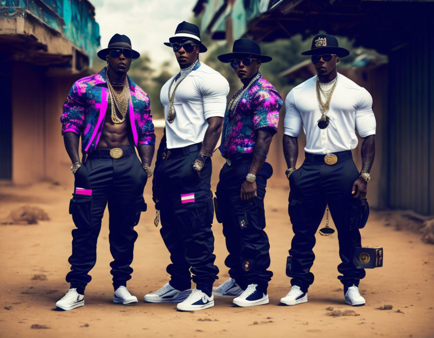 Four men in stylish attire with gold chains and sunglasses posing confidently outdoors