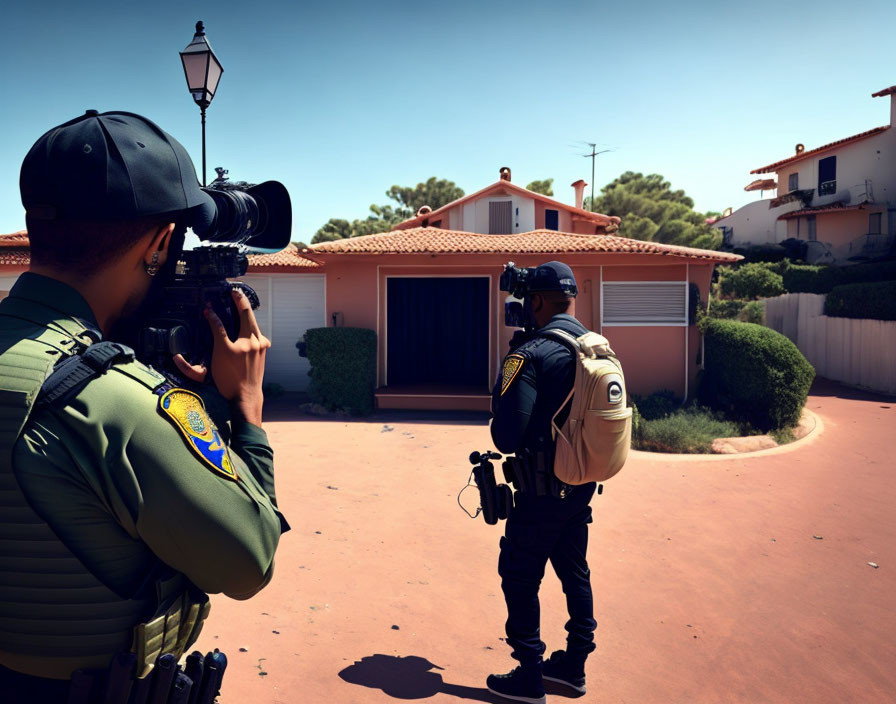 Law enforcement officers surveilling outside a house under clear sky