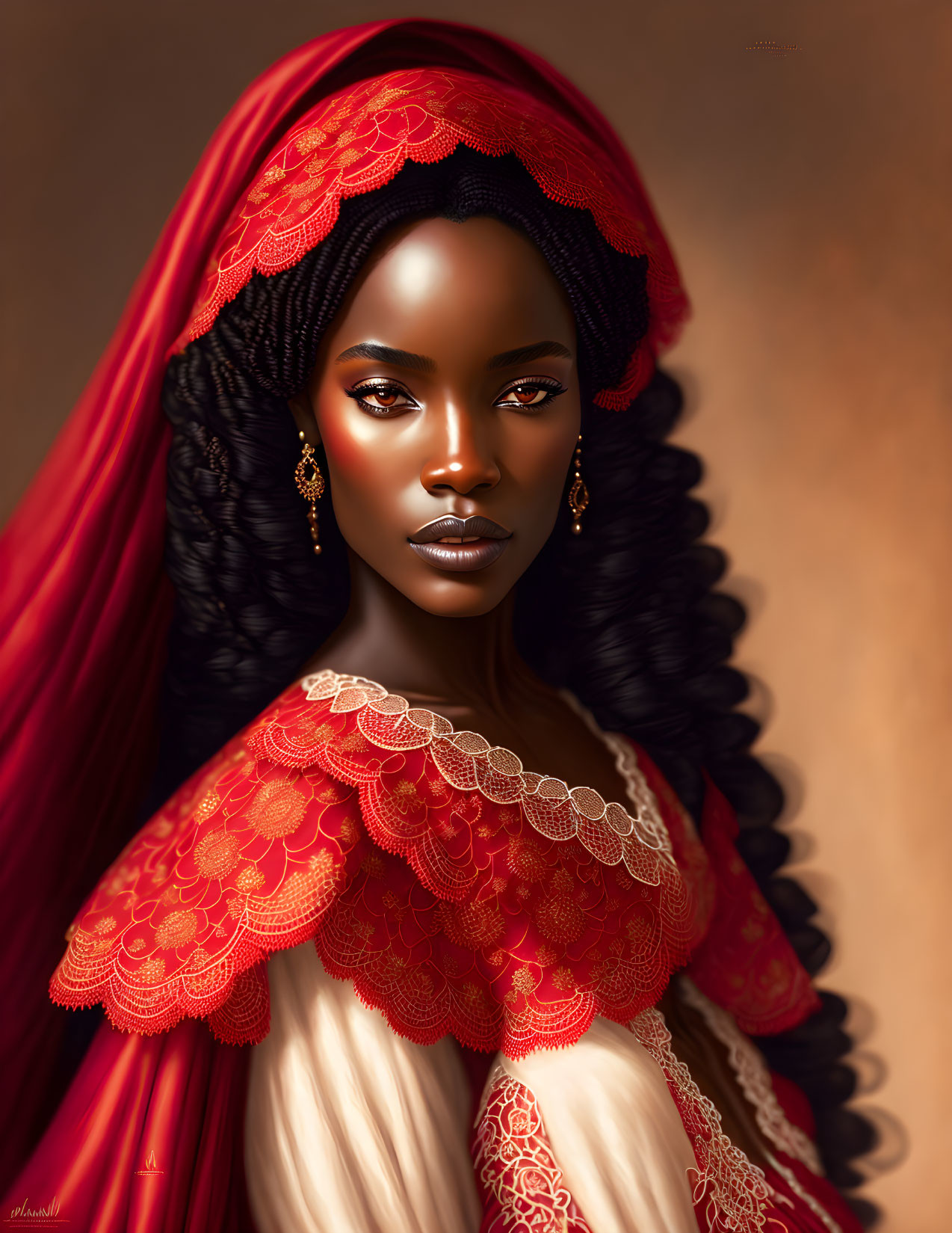 Portrait of woman with dark skin in red headscarf & lace top