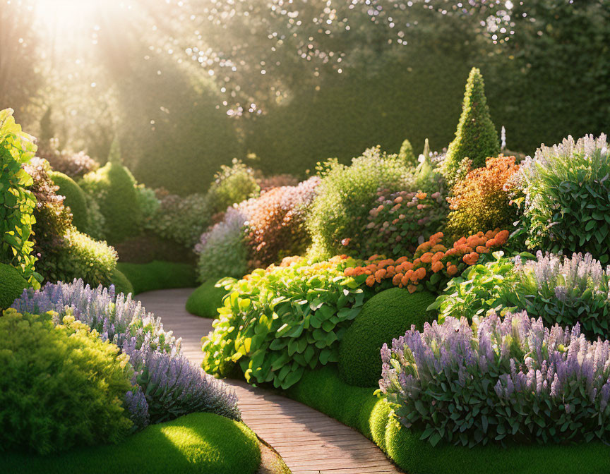 Vibrant flowers and manicured shrubs in a sunny garden path