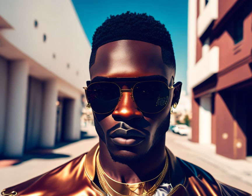 Stylish man with facial hair in gold jacket and sunglasses on sunny street