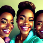 Three smiling women with dark hair in updos, blue tops, and gold earrings