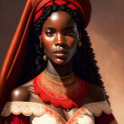 Portrait of woman with dark skin in red headscarf & lace top