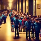 Surreal image: Identical boys in blue shirts in mirrored corridor