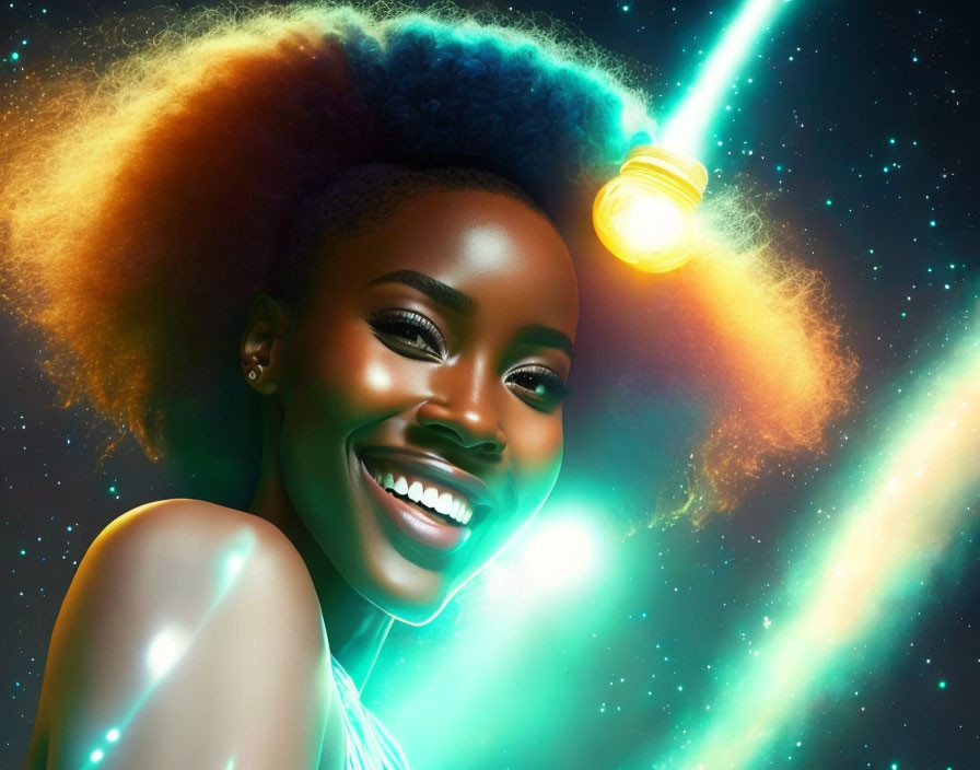 Radiant woman with glowing skin and celestial afro against dark backdrop