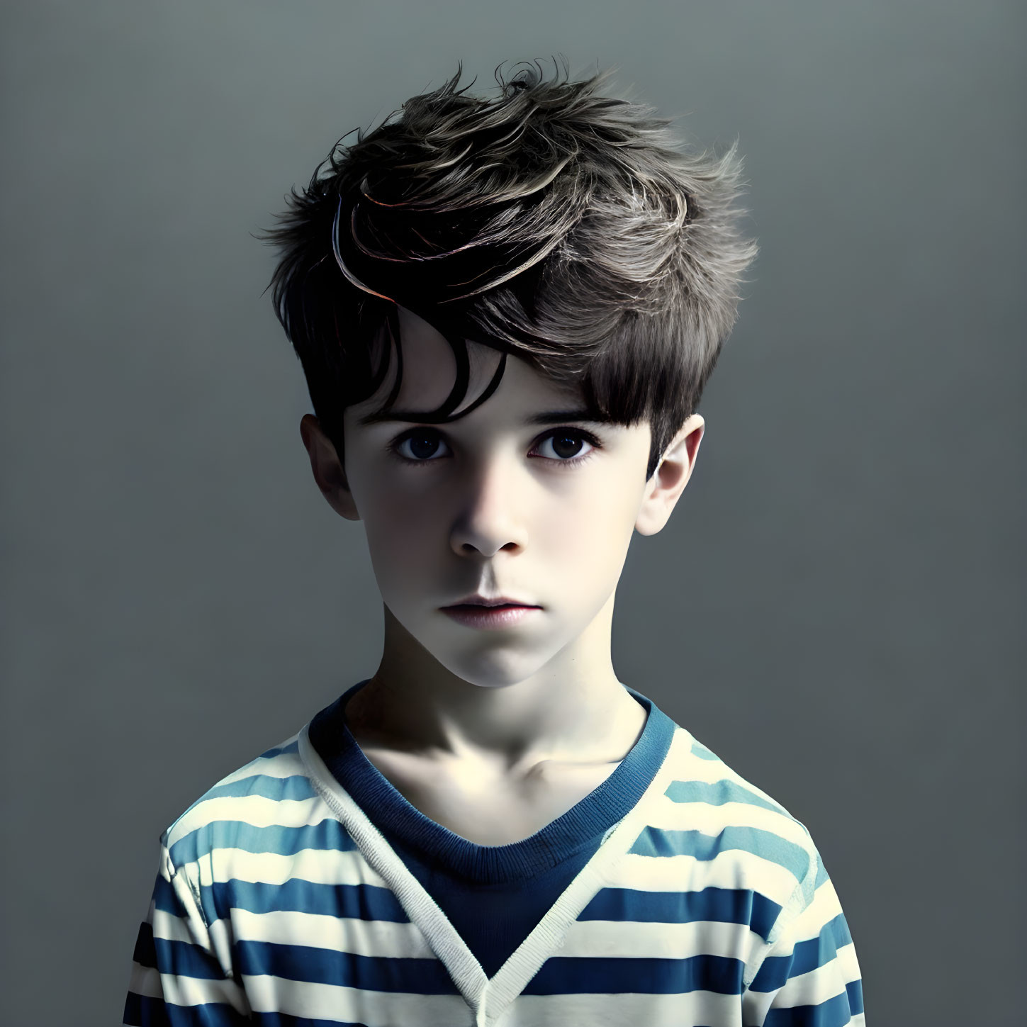 Young boy with tousled hair and striped shirt in earnest gaze on gray background