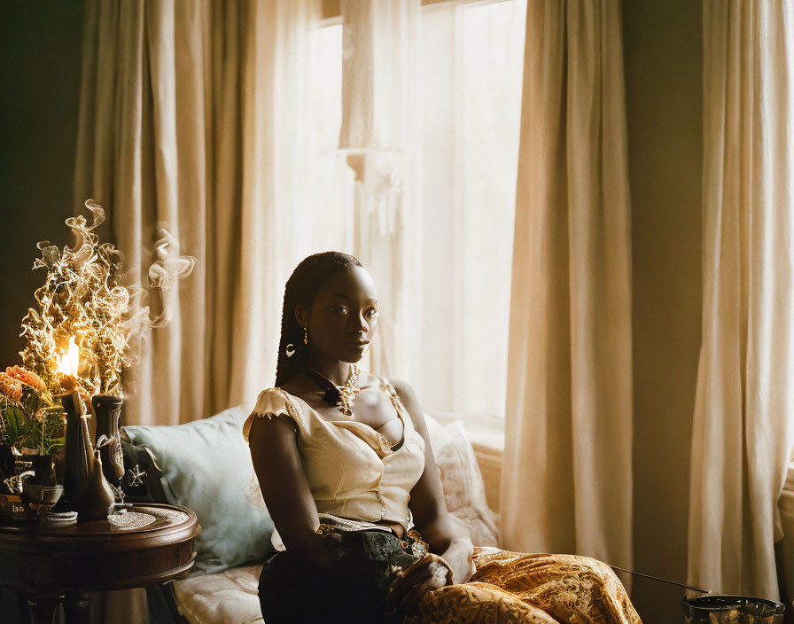 Woman sitting elegantly on vintage couch by sunlit window in serene setting