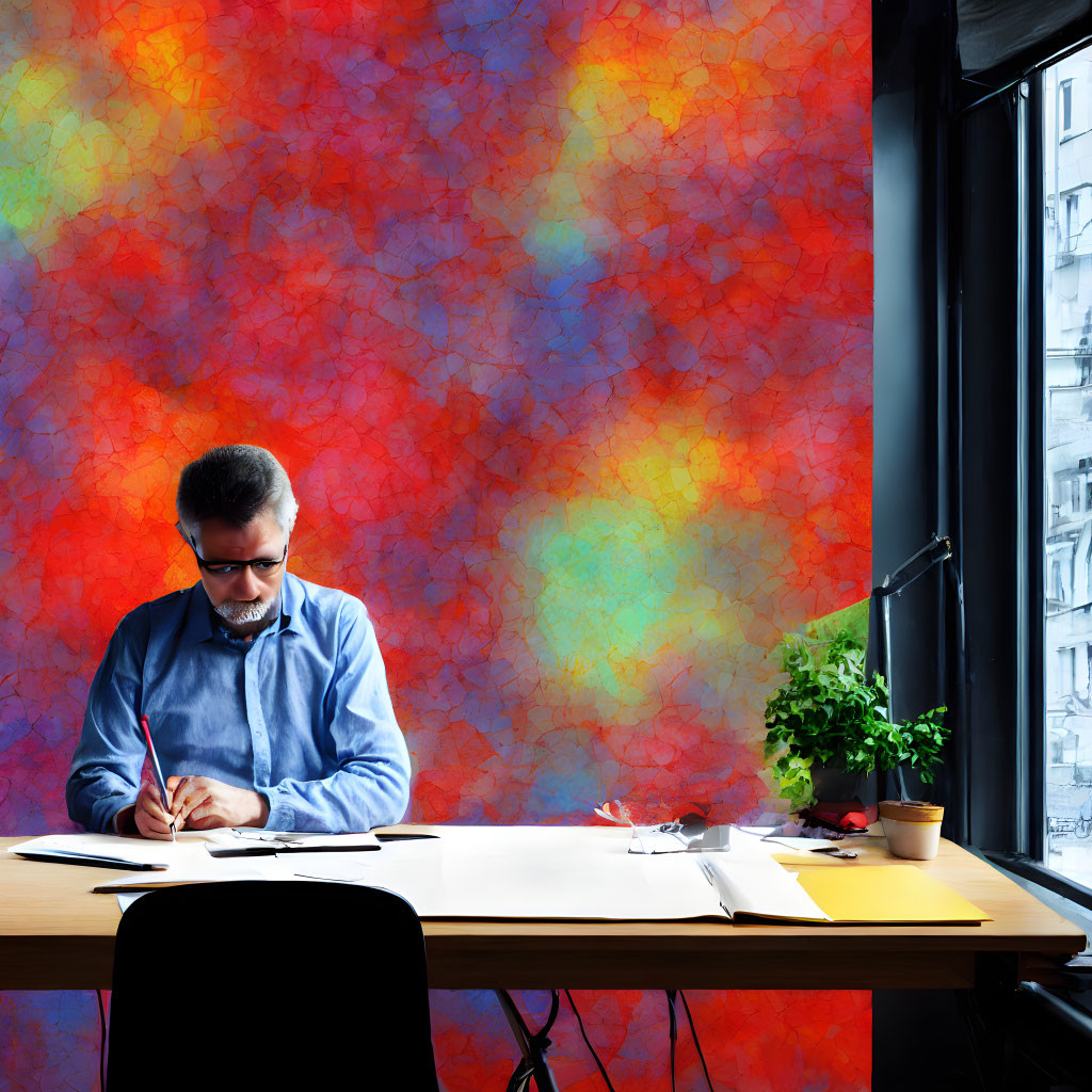 Man writing at desk near window and plant on vibrant backdrop